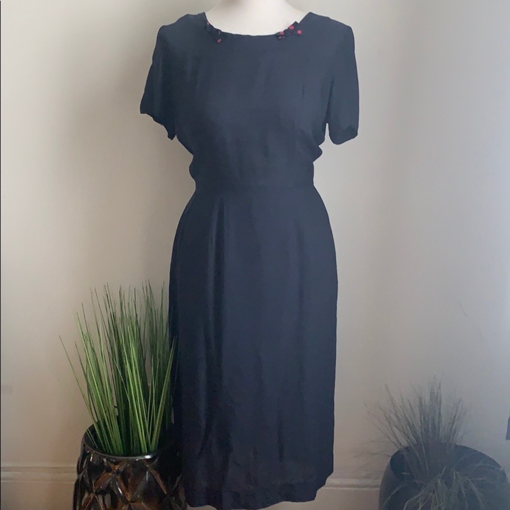 VINTAGE 40s Navy Blue Polka Dot Bow Pencil Dress